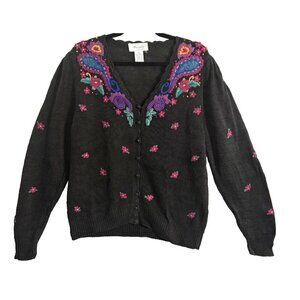 Vtg MARGULES Embroidered Sweater Sz L Black 80s 90s Cottage Grandma Core 9a-7